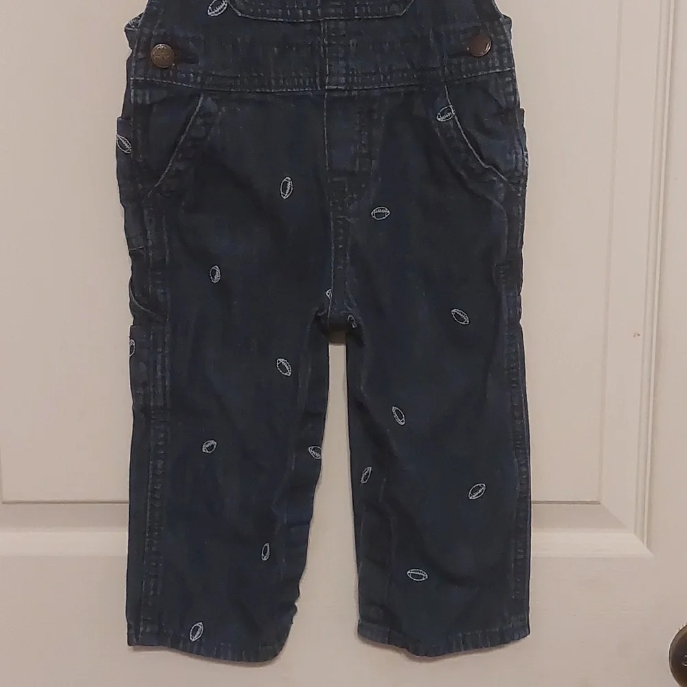 OshKosh B'Gosh Embroidered Football Carpenter Style Denim Bib Overalls Size 24M